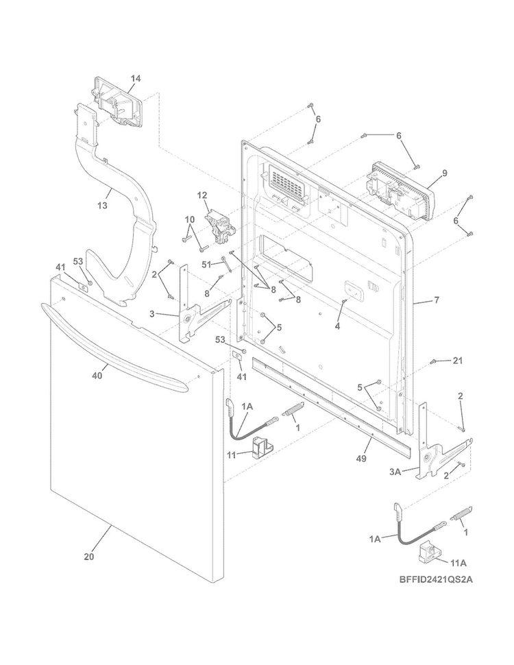 Door Diagram and Parts List for FFID2421QS2A  Frigidaire Dishwasher