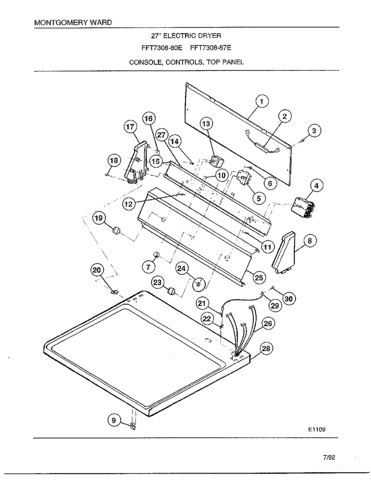 Console/controls/top Panel Diagram and Parts List for 7308-80E  Frigidaire Dryer
