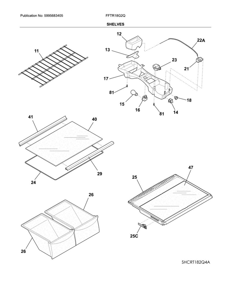 Shelves Diagram and Parts List for FFTR18G2QW7B  Frigidaire Refrigerator