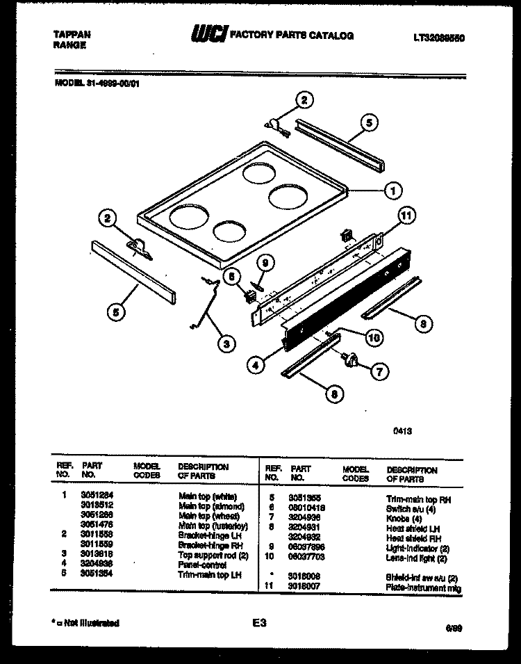COOKTOP PARTS Diagram and Parts List for 31-4999-66-01  Tappan Range