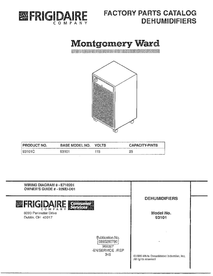 Dehumidifiers Diagram and Parts List for 93101C  Frigidaire Dehumidifier