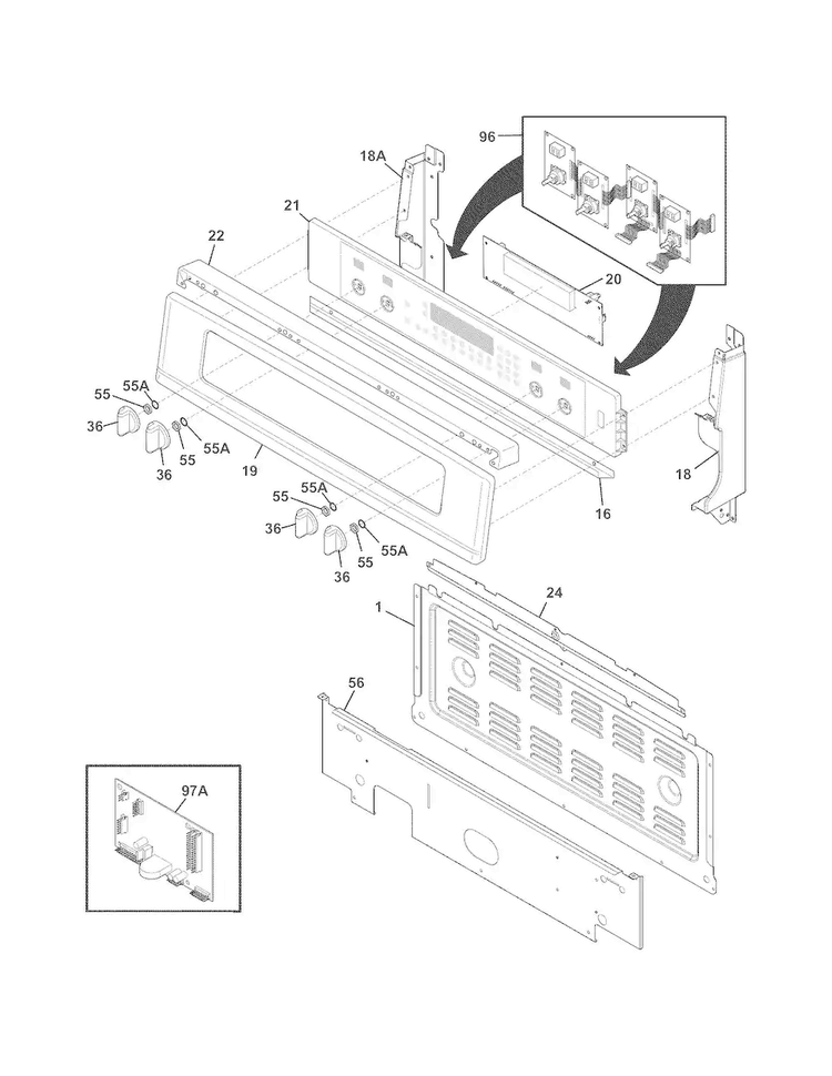 Backguard Diagram and Parts List for FGEF304DKFE  Frigidaire Range