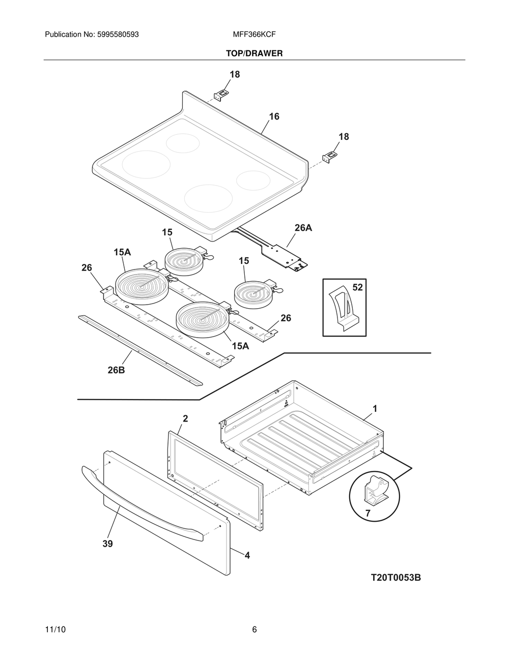 Top/Drawer Diagram and Parts List for MFF366KCF  Frigidaire Range