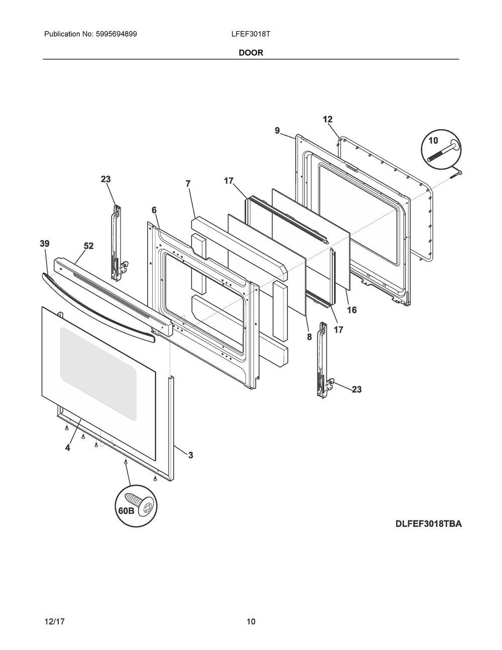 Door Diagram and Parts List for LFEF3018TWD  Frigidaire Range