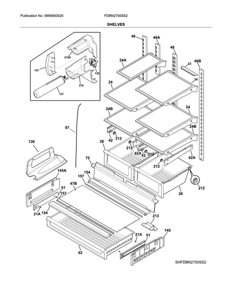 Shelves Diagram and Parts List for FDBN2750SS2  Frigidaire Refrigerator
