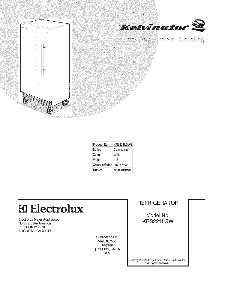 COVER Diagram and Parts List for KRS221LGW0  Kelvinator Refrigerator