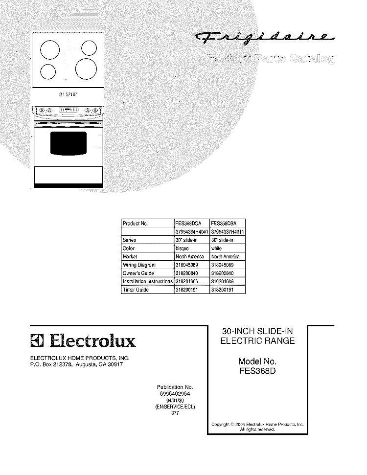 COVER Diagram and Parts List for FES368DQA  Frigidaire Range