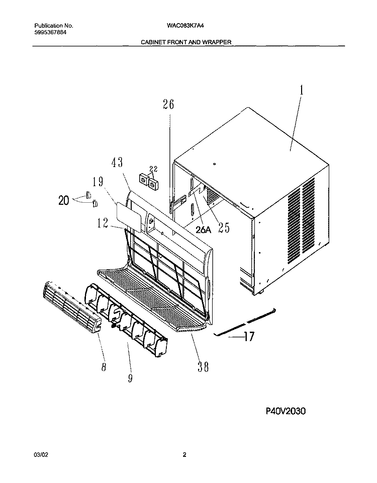 CABINET FRONT AND WRAPPER Diagram and Parts List for WAC083K7A4  Westinghouse Air Conditioner