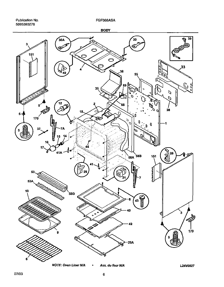 BODY Diagram and Parts List for FGF366ASA  Frigidaire Range