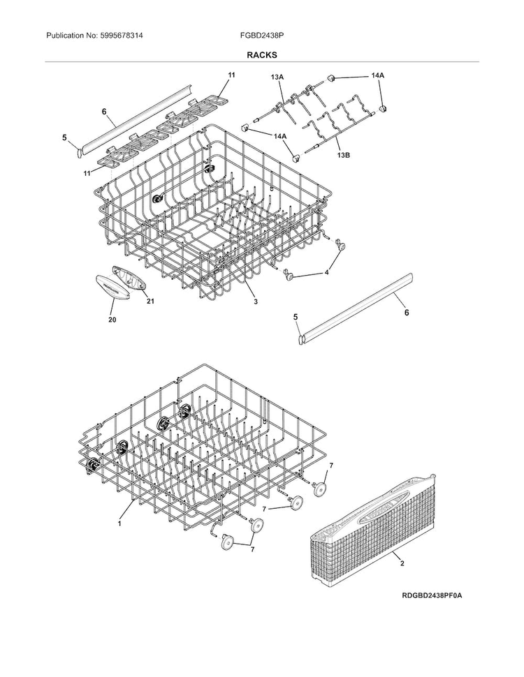 Racks Diagram and Parts List for FGBD2438PW9B  Frigidaire Dishwasher