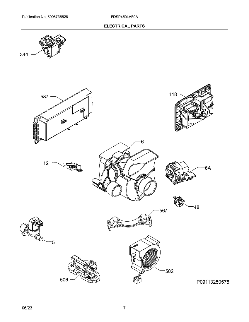 Electrical Parts Diagram and Parts List for FDSP450LAF0A  Frigidaire Dishwasher