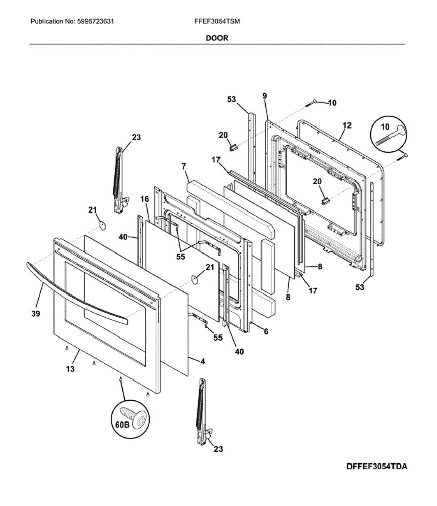 Door Diagram and Parts List for FFEF3054TSM  Frigidaire Range