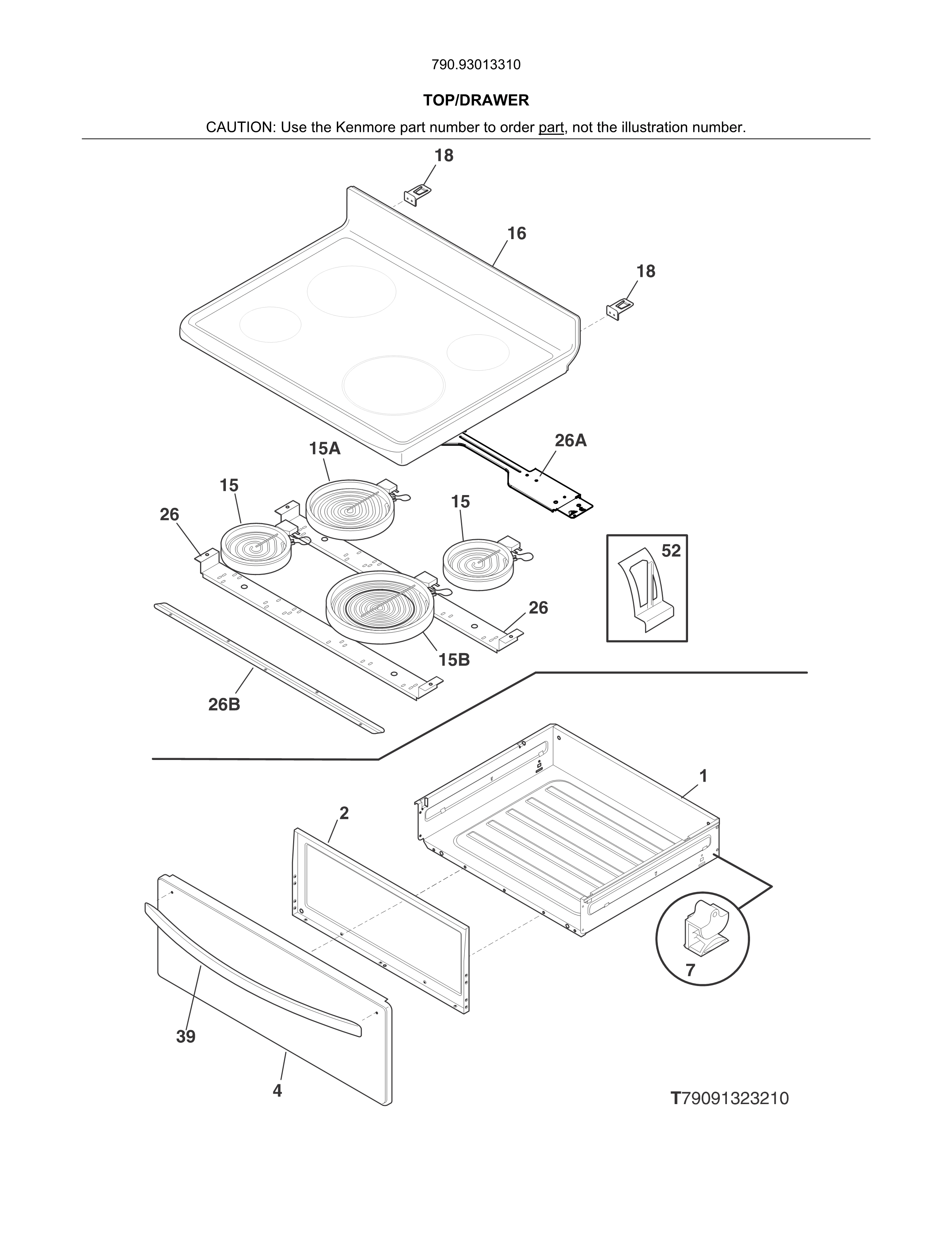Top/drawer Diagram and Parts List for 79093013310  Kenmore Range