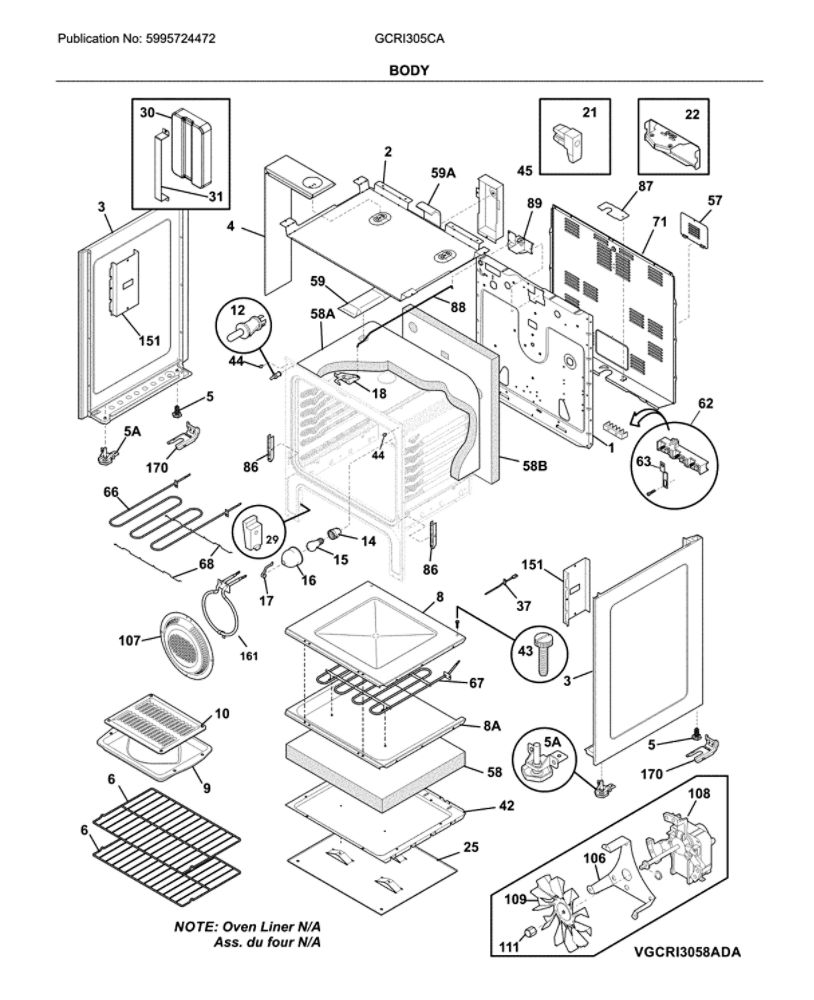 Body Diagram and Parts List for GCRI305CADC  Frigidaire Range