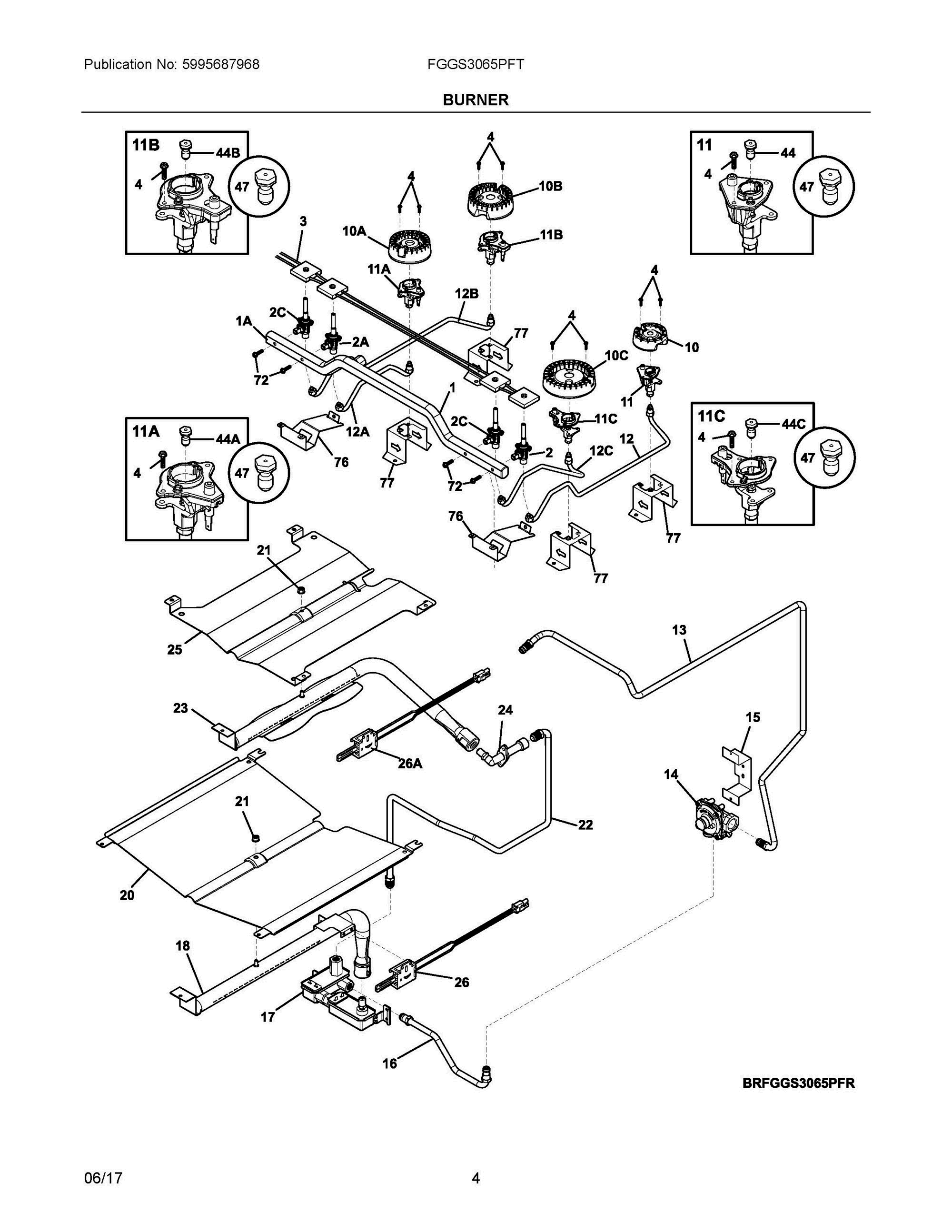 03 - BURNER Diagram and Parts List for FGGS3065PFT  Frigidaire Range