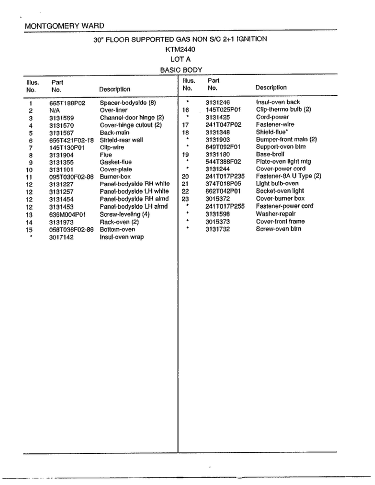 30"/basic Body Page 2 Diagram and Parts List for 2440A  Frigidaire Range