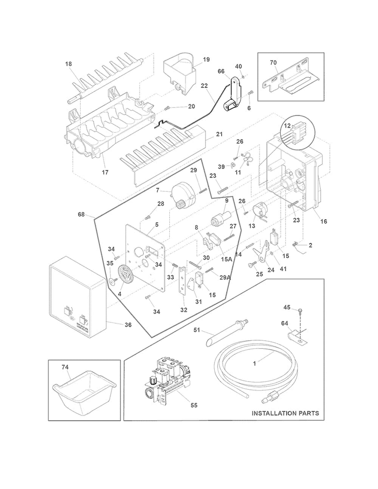 Freezer Ice Maker Diagram and Parts List for EI28BS65KS3  Electrolux Refrigerator