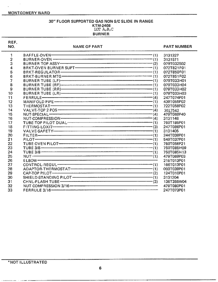 30` Floor Burner Page 2 Diagram and Parts List for 2408A  Frigidaire Range