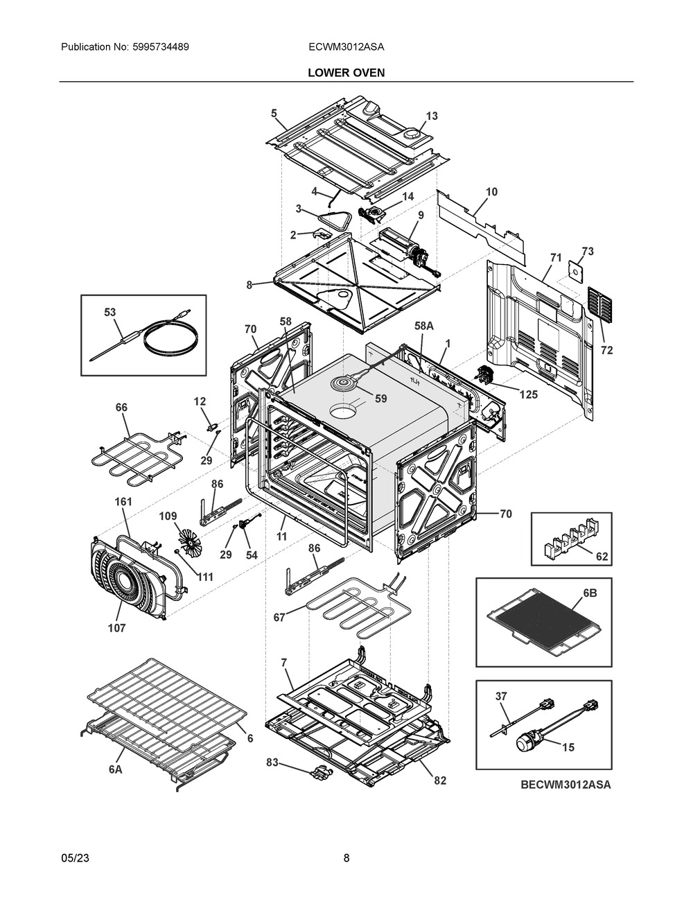 Lower Oven Diagram and Parts List for ECWM3012ASA  Frigidaire Microwave Oven Combo