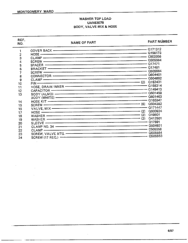Body, Valve Mix And Hose Page 2 Diagram and Parts List for 6307B  Frigidaire Washer