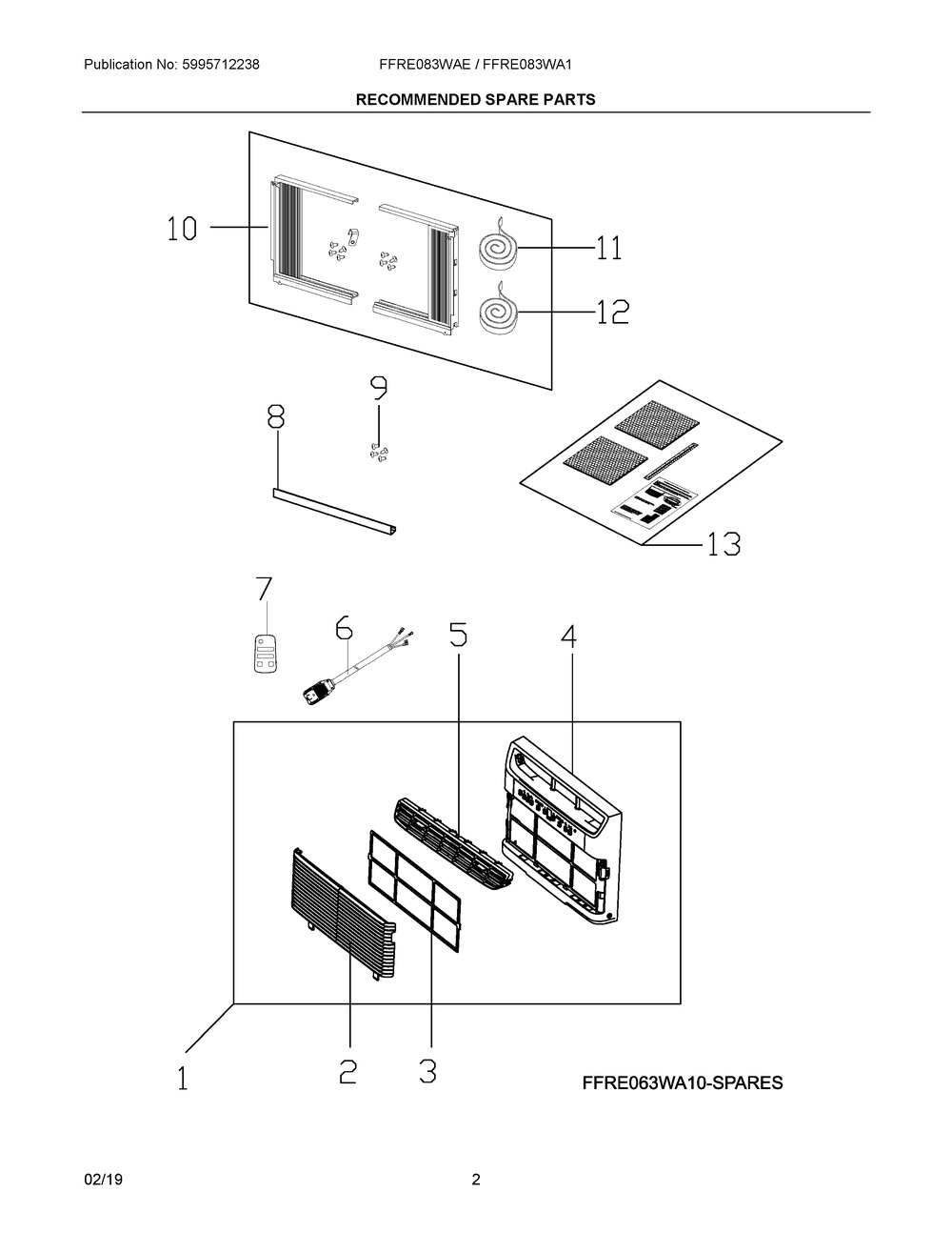 Recommended Spare Parts Diagram and Parts List for FFRE083WAE0  Frigidaire Air Conditioner