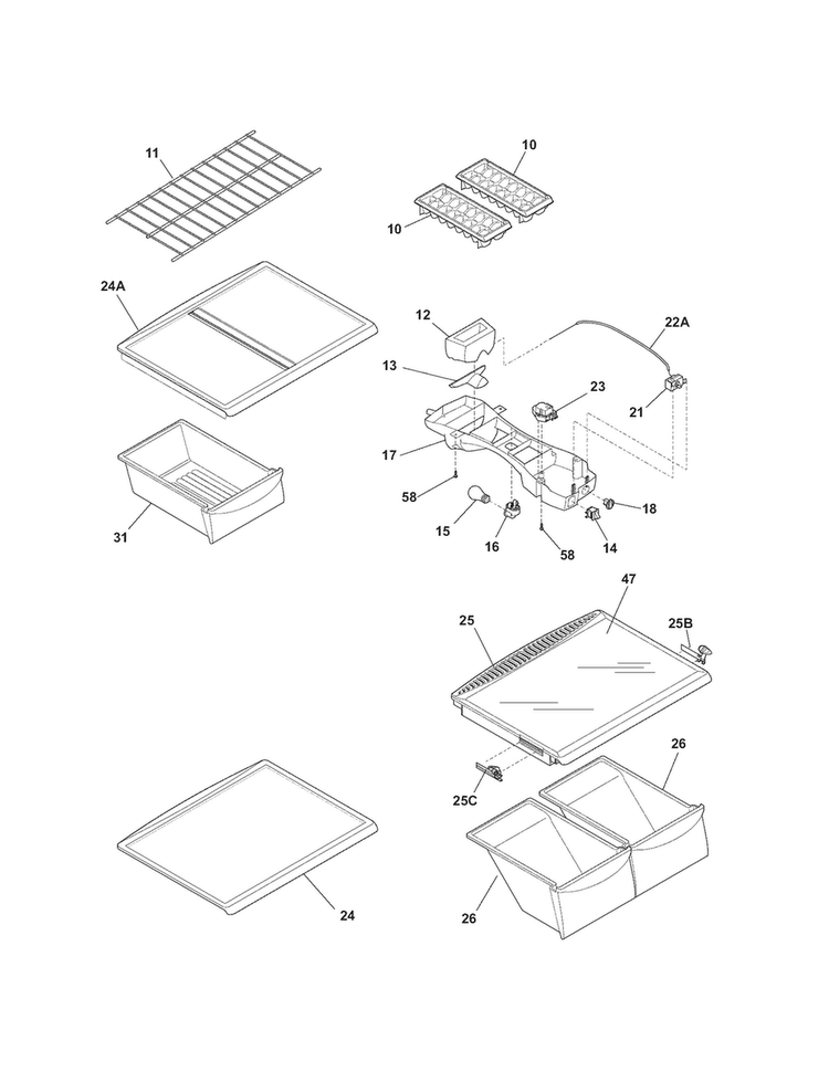 Shelves Diagram and Parts List for 25361827017  Kenmore Refrigerator