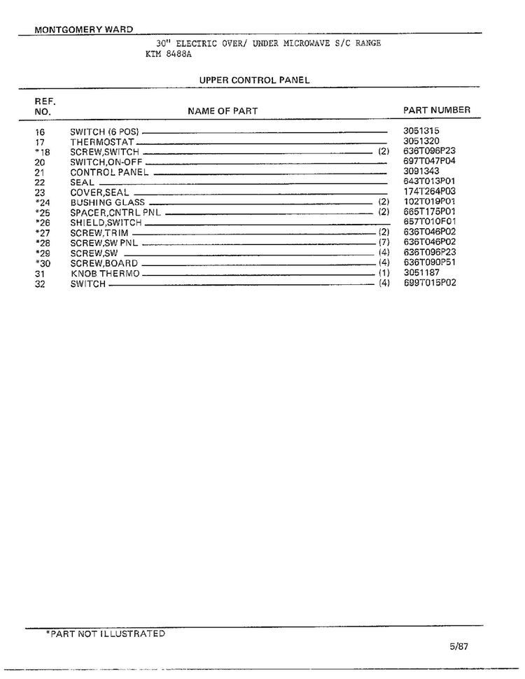Upper Control Panel Page 2 Diagram and Parts List for 8488A  Frigidaire Range