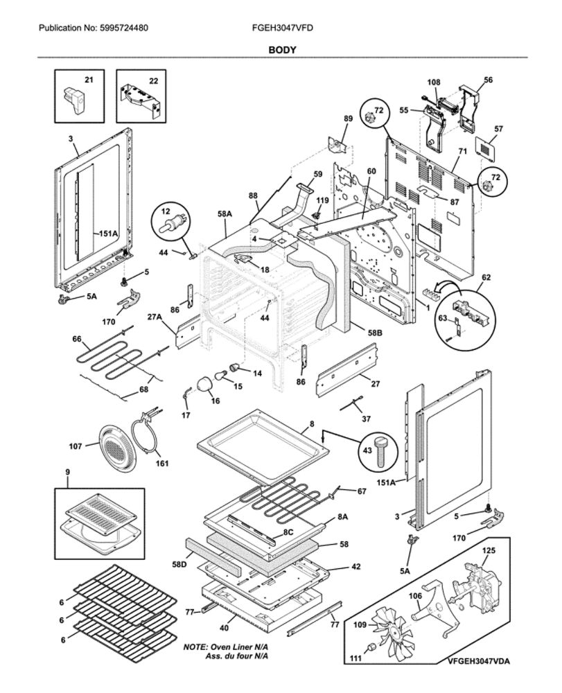 Body Diagram and Parts List for FGEH3047VFD  Frigidaire Range