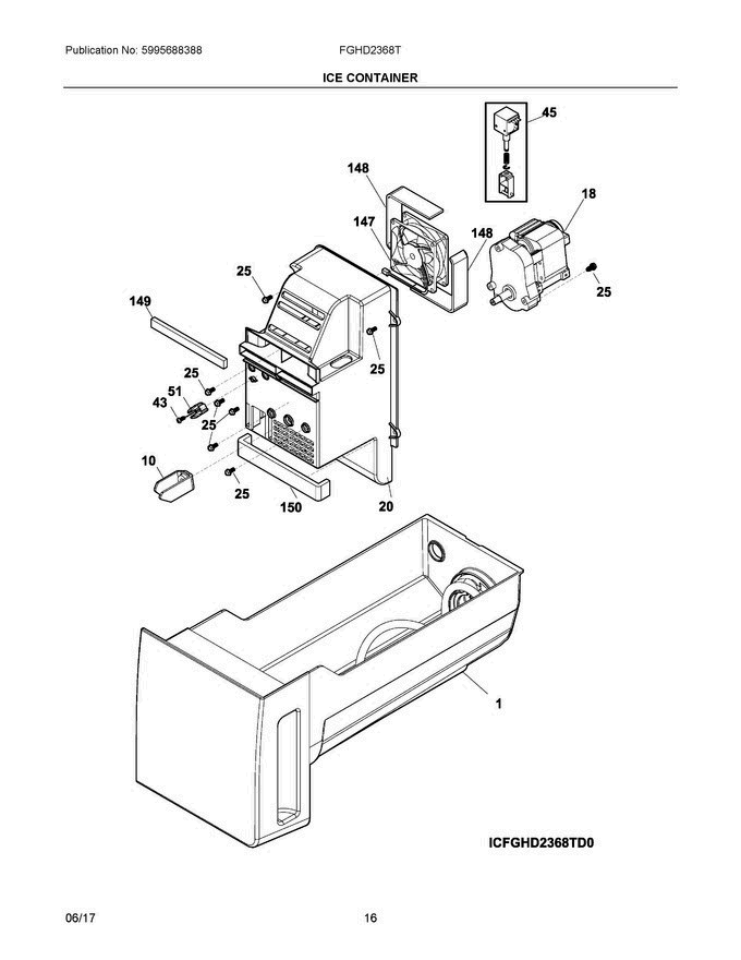 08 - Ice Container Diagram and Parts List for FGHD2368TD0  Frigidaire Refrigerator