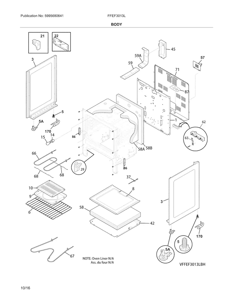 Body Diagram and Parts List for FFEF3013LBJ  Frigidaire Range