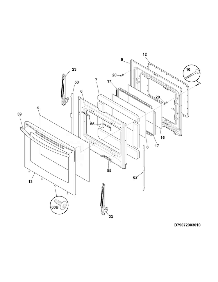 Door Diagram and Parts List for FGGF3035RFA  Frigidaire Range