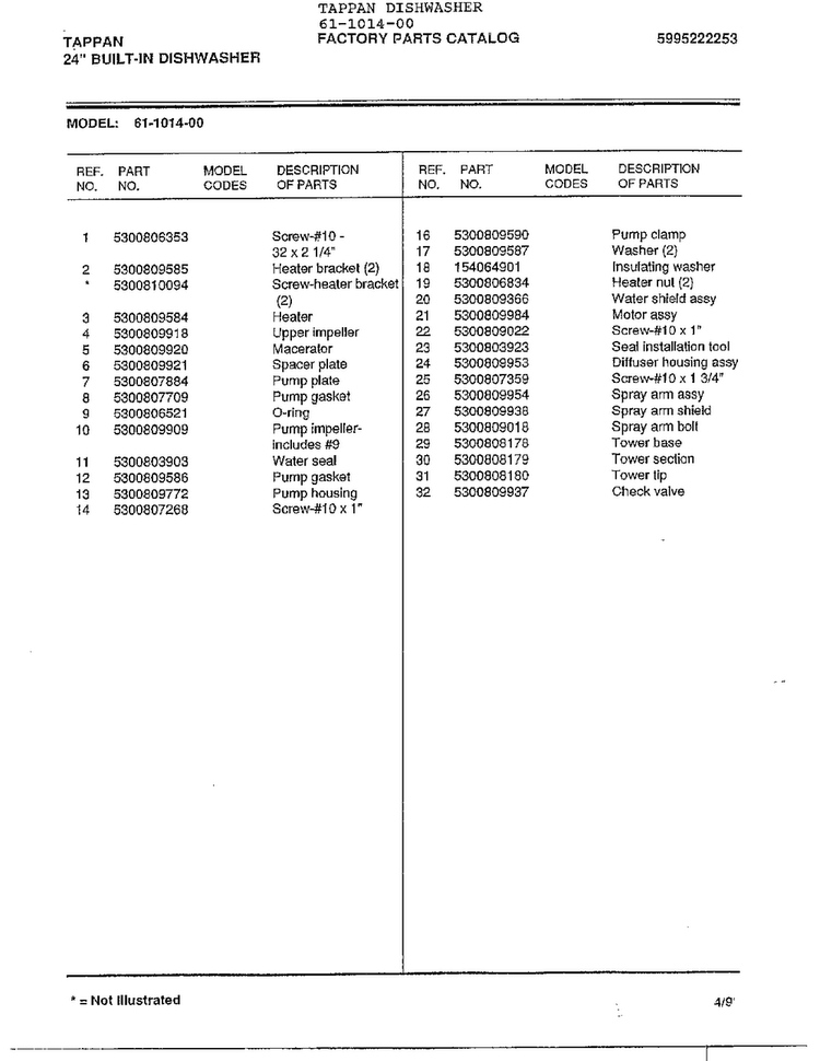 Tappan 24" Built-in Dishwasher Page 7 Diagram and Parts List for 61-1014-00  Frigidaire Dishwasher