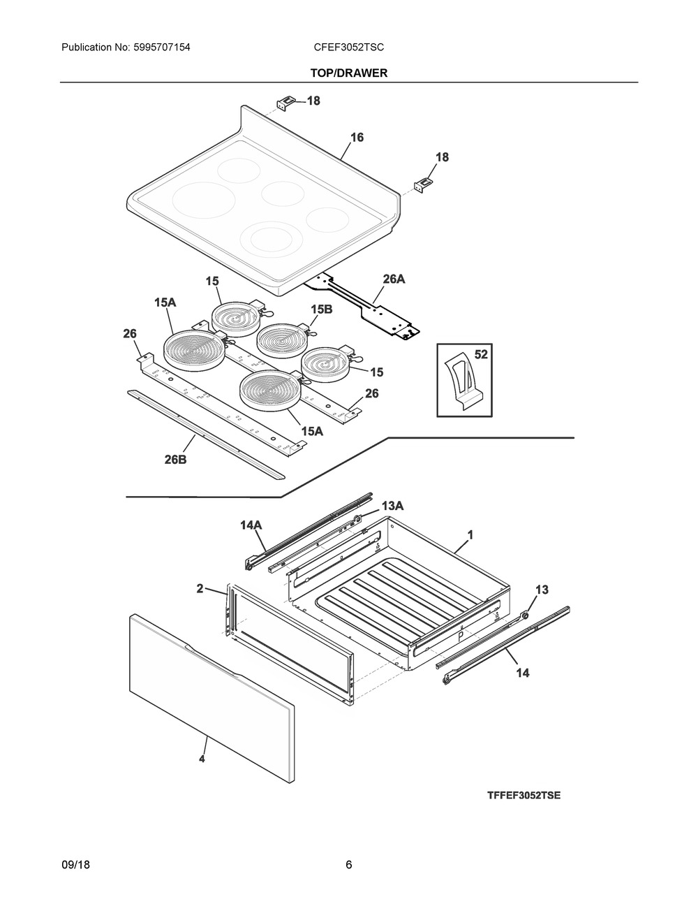 Top/drawer Diagram and Parts List for CFEF3052TSC  Frigidaire Range