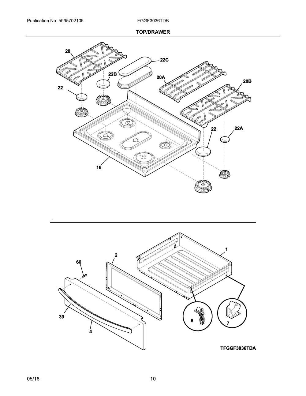 Top/drawer Diagram and Parts List for FGGF3036TDB  Frigidaire Range
