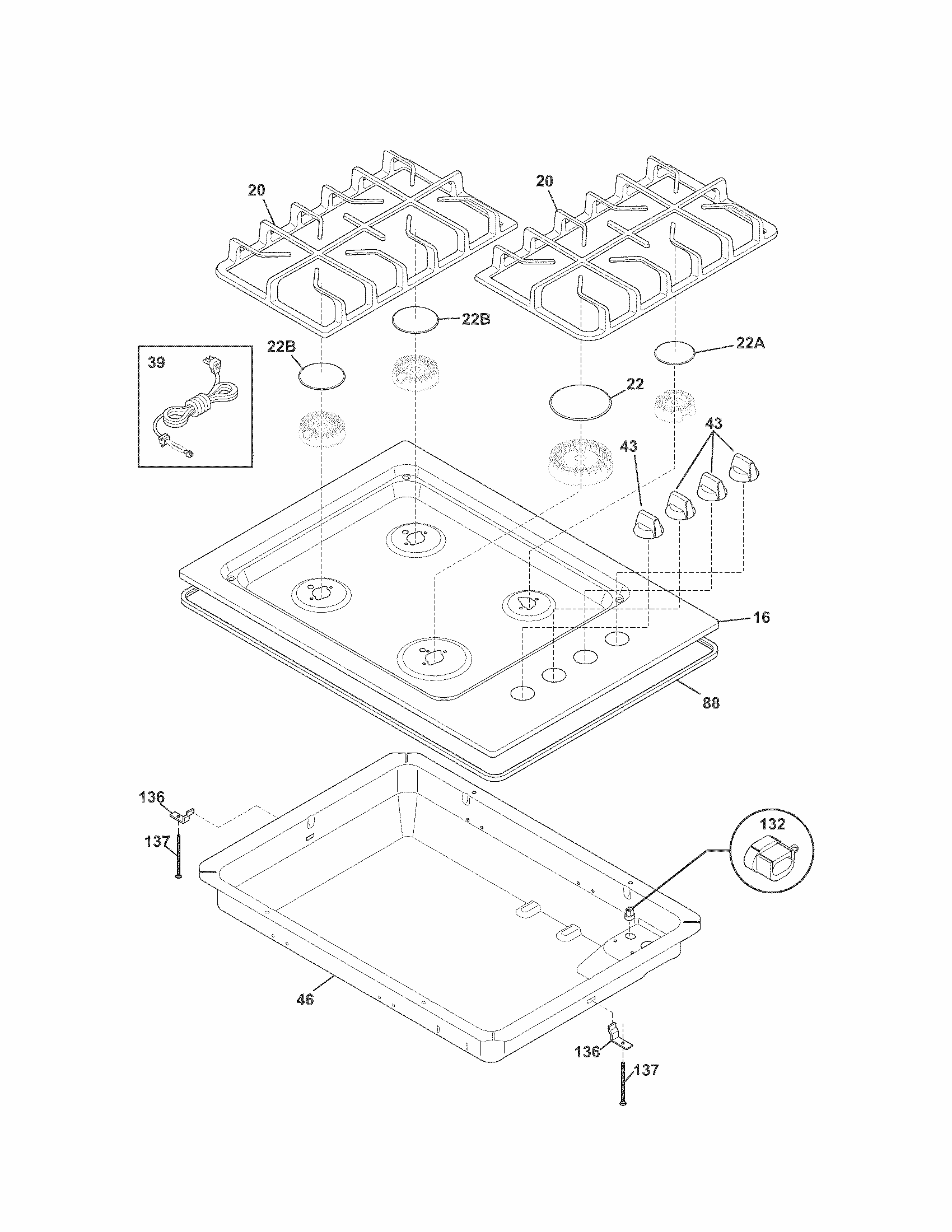 Cooktop Diagram and Parts List for 79032422903  Kenmore Cooktop