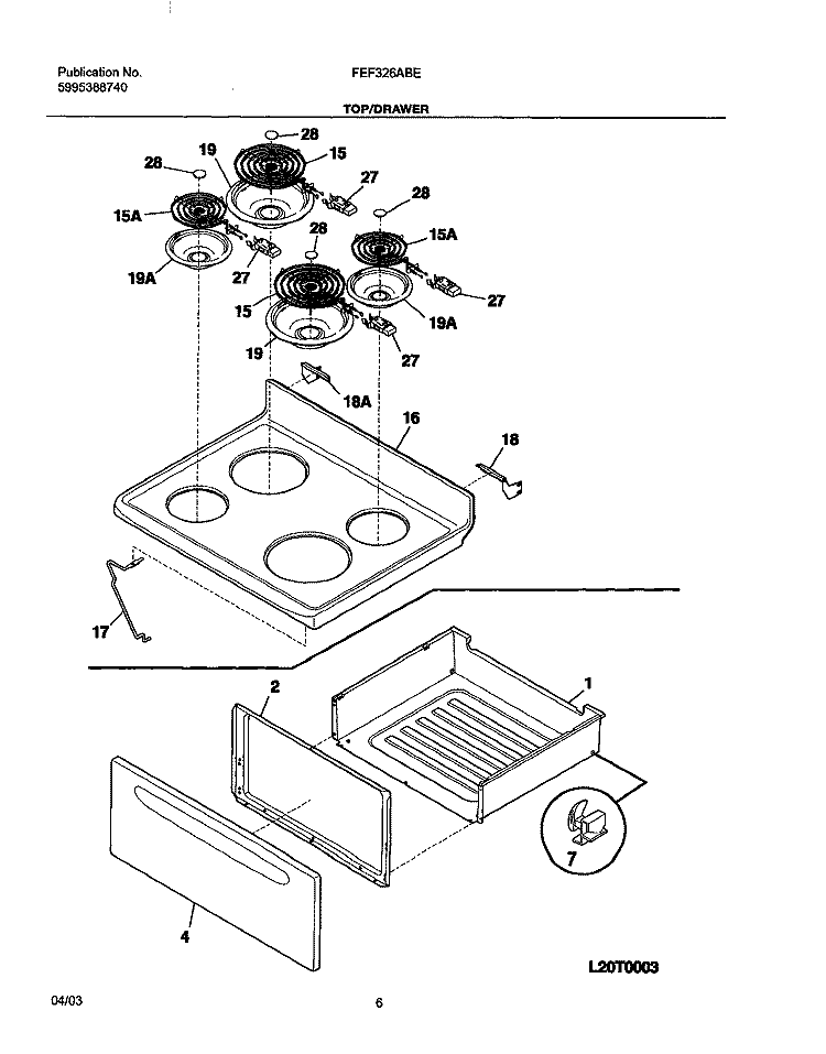 TOP / DRAWER Diagram and Parts List for FEF326ABE  Frigidaire Range