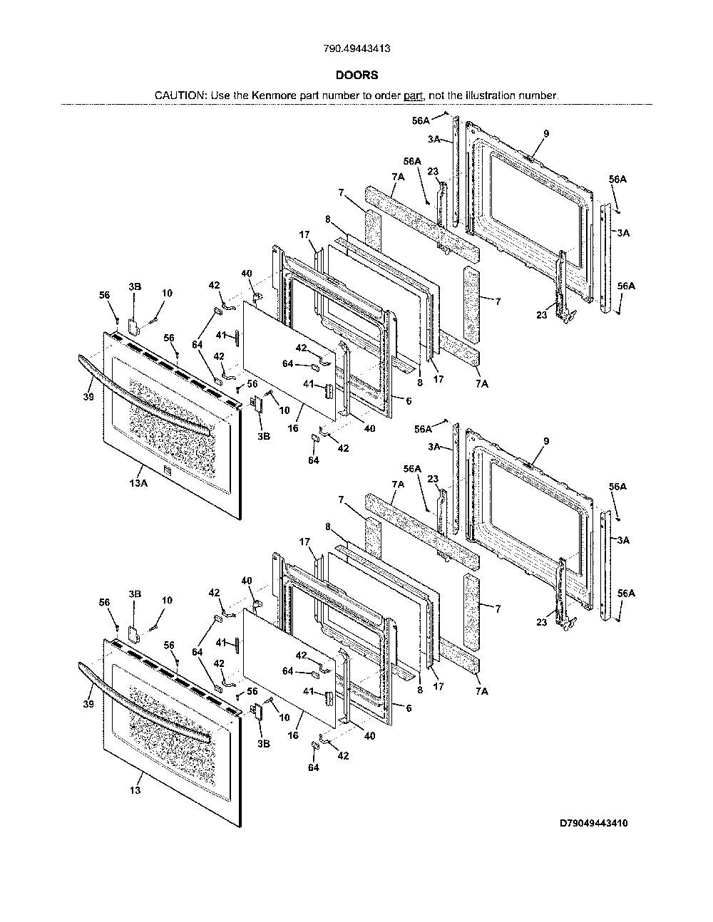 Doors Diagram and Parts List for 79049443413  Kenmore Wall Oven