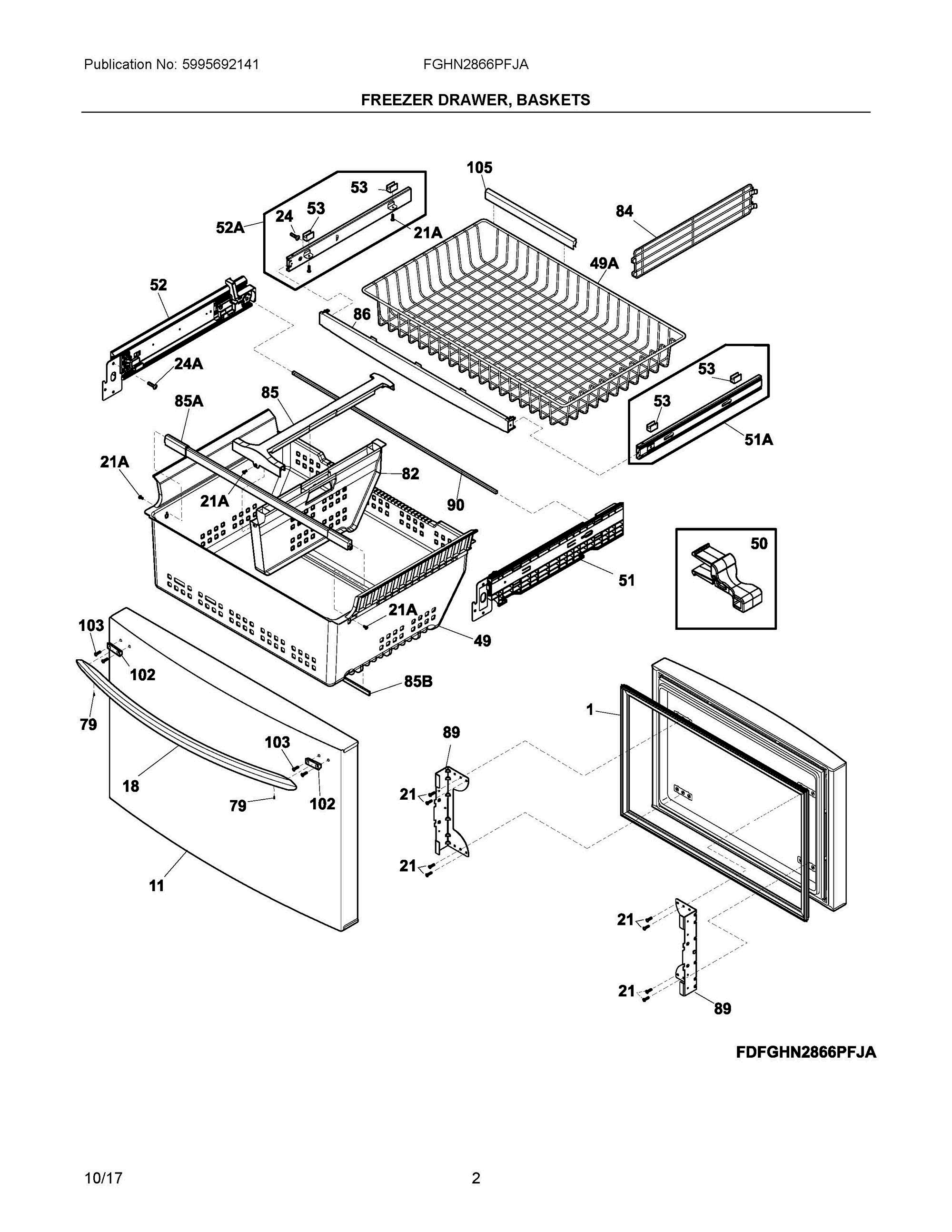 02 - FREEZER DRAWER, BASKETS Diagram and Parts List for FGHN2866PFJA  Frigidaire Refrigerator