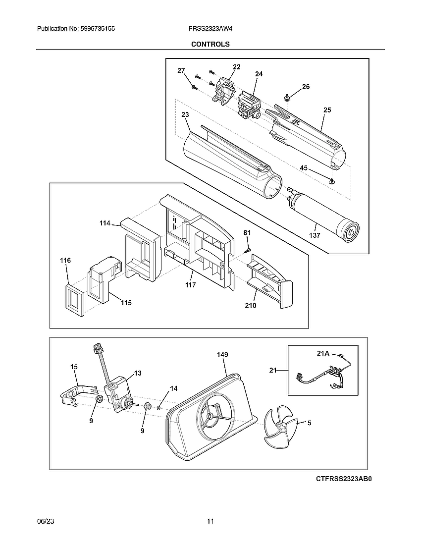 Controls Diagram and Parts List for FRSS2323AW4  Electrolux Refrigerator
