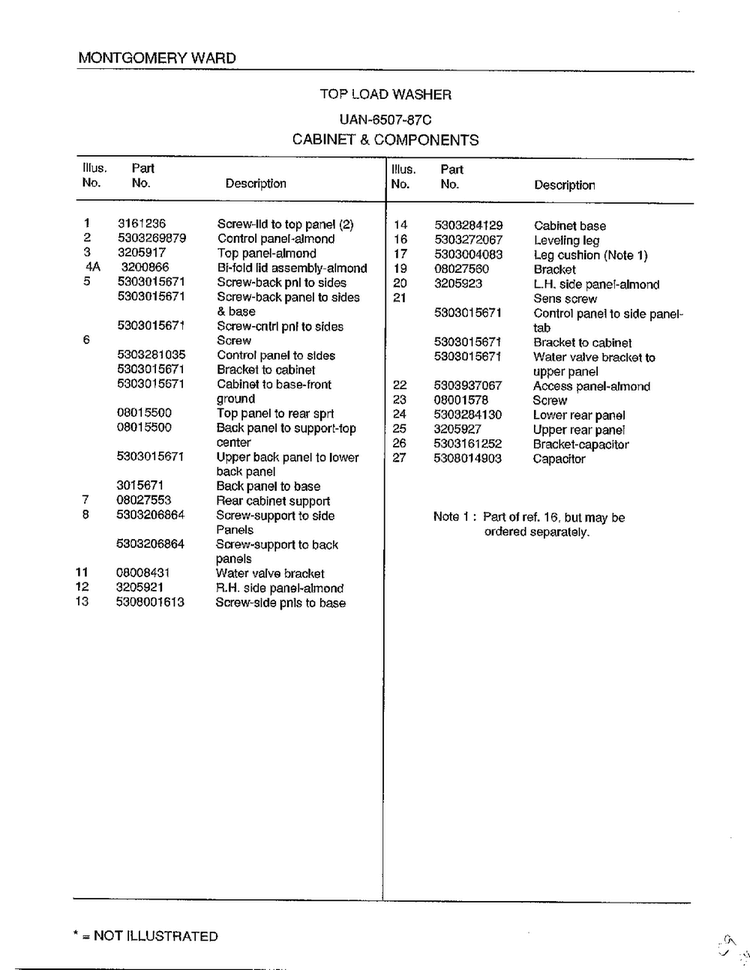 Cabinet And Components Page 2 Diagram and Parts List for 6507-87C  Frigidaire Washer