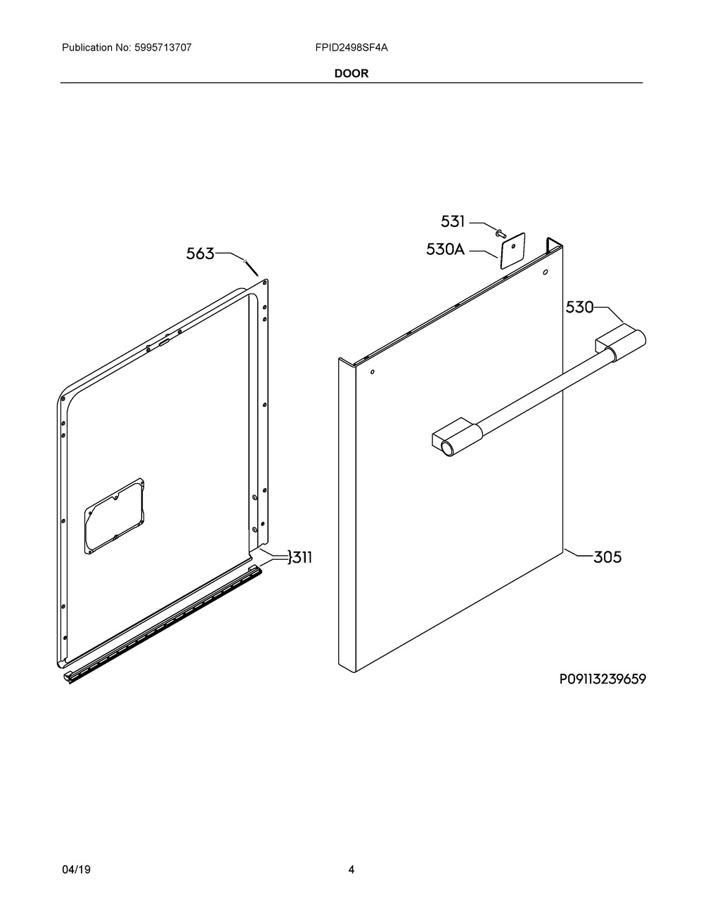 Door Diagram and Parts List for FPID2498SF4A  Frigidaire Dishwasher