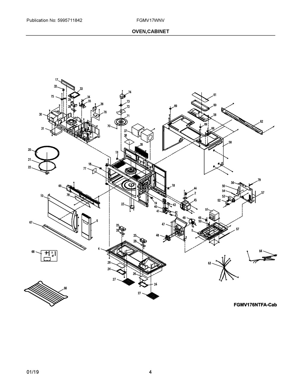 Oven,cabinet Diagram and Parts List for FGMV17WNVFA  Frigidaire Microwave