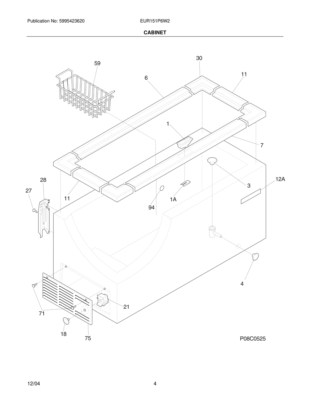 Cabinet Diagram and Parts List for EUR151P6W2  Frigidaire Freezer
