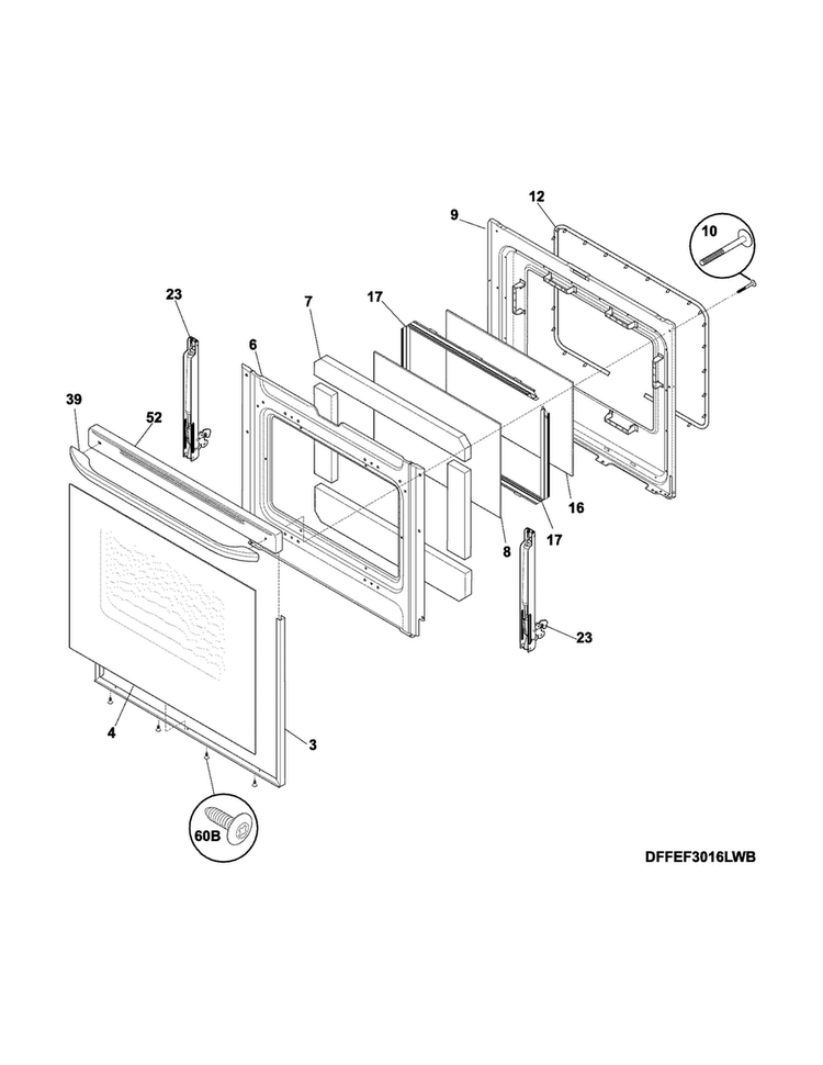 Door Diagram and Parts List for FFEF3015ZWC  Frigidaire Range