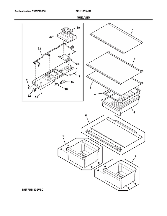 Shelves Diagram and Parts List for FFHI1835VS2  Electrolux Refrigerator