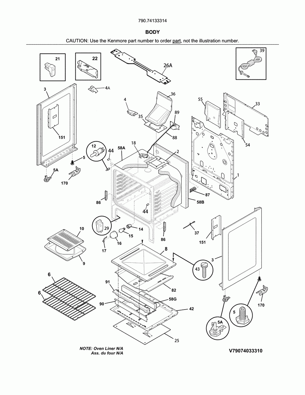 Body Diagram and Parts List for 79074133314  Kenmore Range