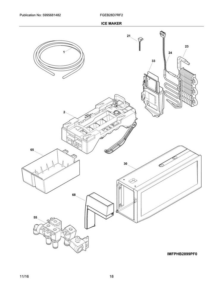 Ice Maker Diagram and Parts List for FGEB28D7RF2  Frigidaire Refrigerator