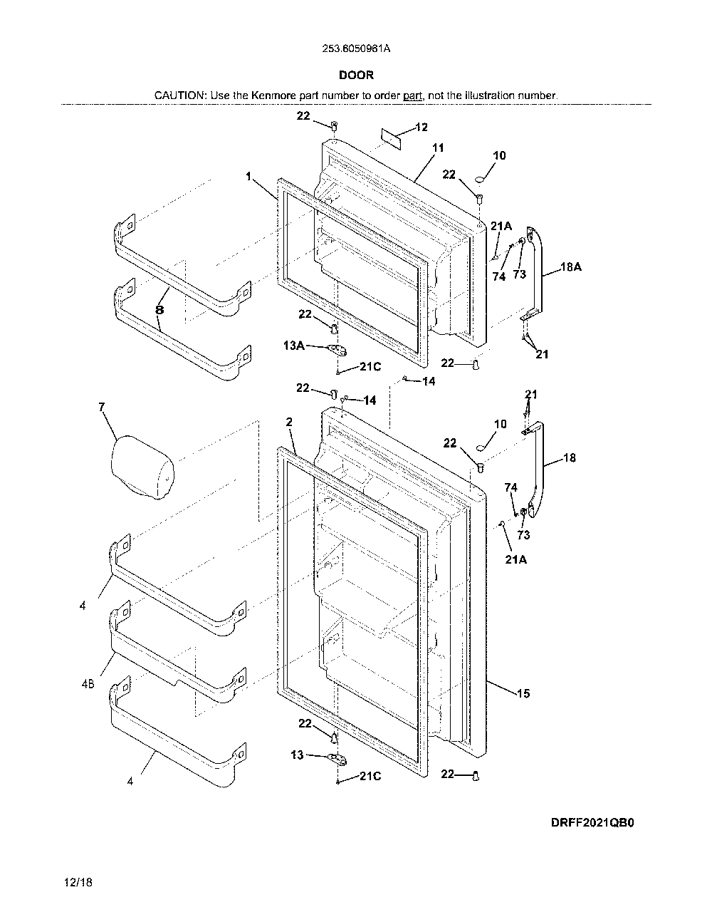 Doors Diagram and Parts List for 2536050961A  Kenmore Refrigerator