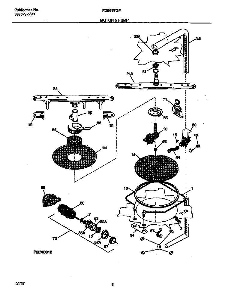 MOTOR & PUMP Diagram and Parts List for FDB837GFR0  Frigidaire Dishwasher
