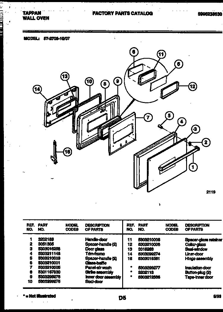 LOWER OVEN DOOR PARTS Diagram and Parts List for 57-2709-00-07  Tappan Microwave Oven Combo